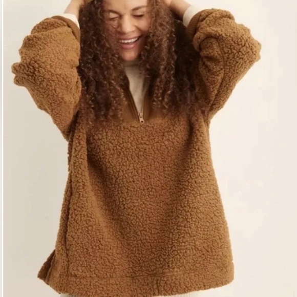 NWT! Aerie Dream Sherpa Quarter Zip Sweatshirt color brown size M - Picture 3 of 7